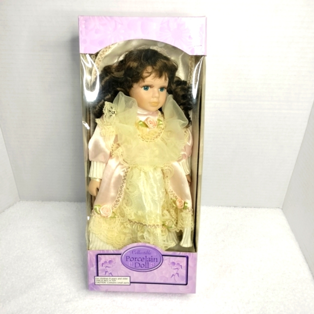 "NIB Vintage Porcelain Collectible Doll Brown Hair Cream Lace Dress Original Box